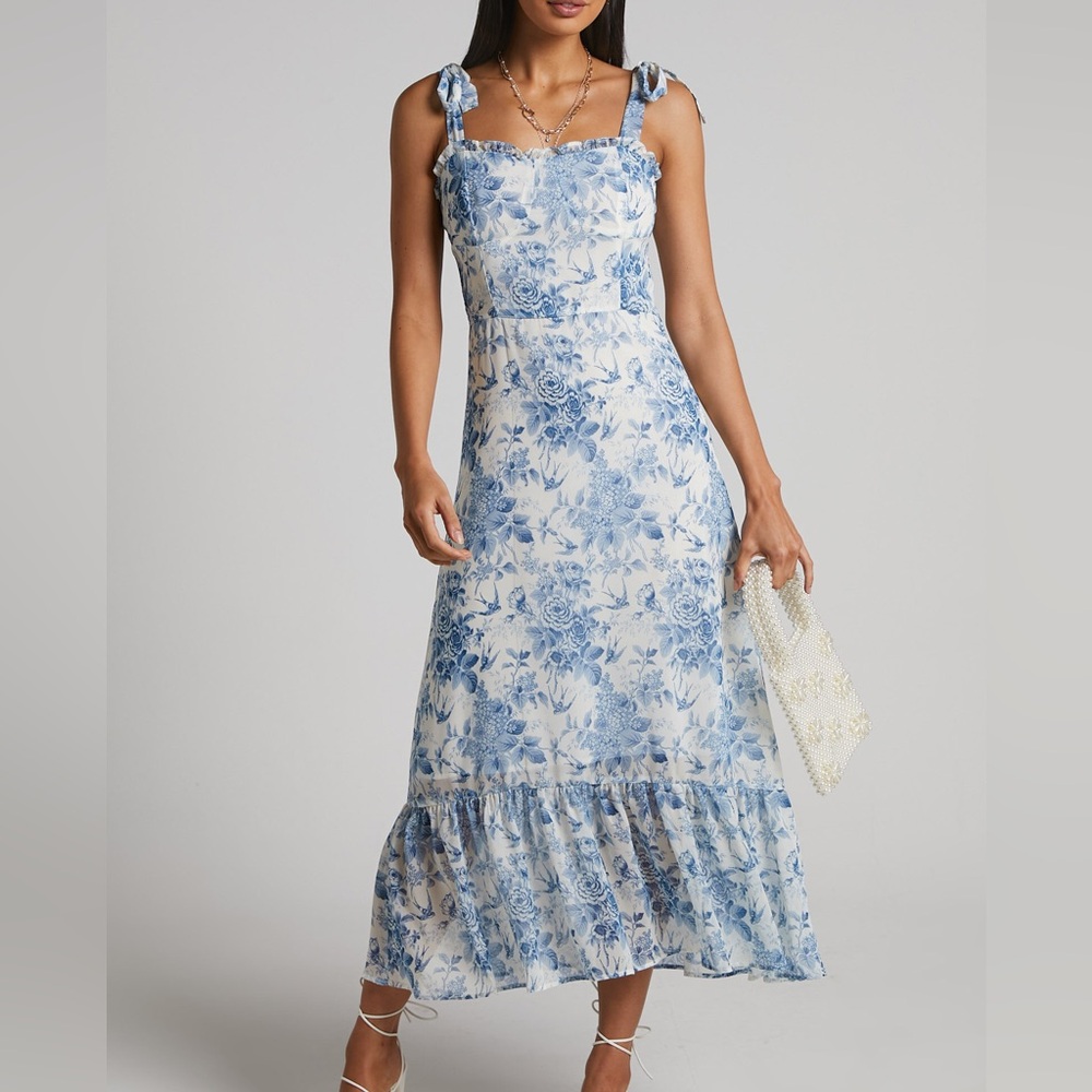 Blue Floral Tie-Shoulder Midi Dress